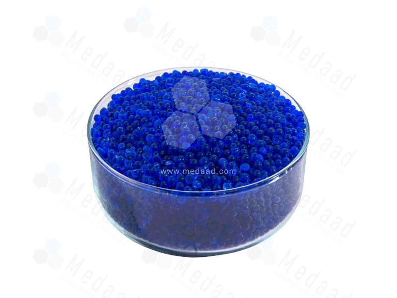 color indicating blue Silica Gel moisture absorbent in glass bowl