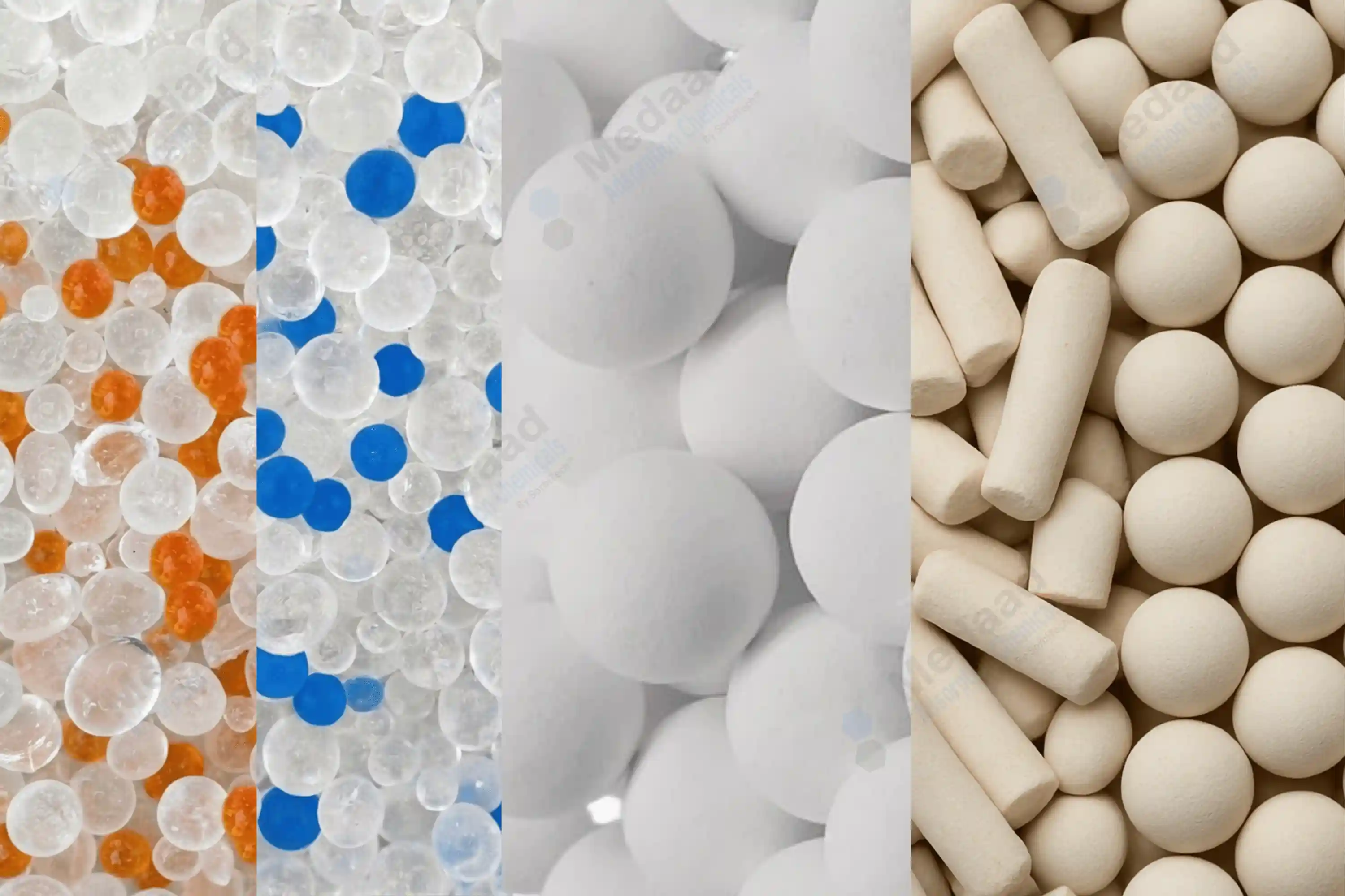 Silica gel, activated alumina and molecular sieve desiccants side by side